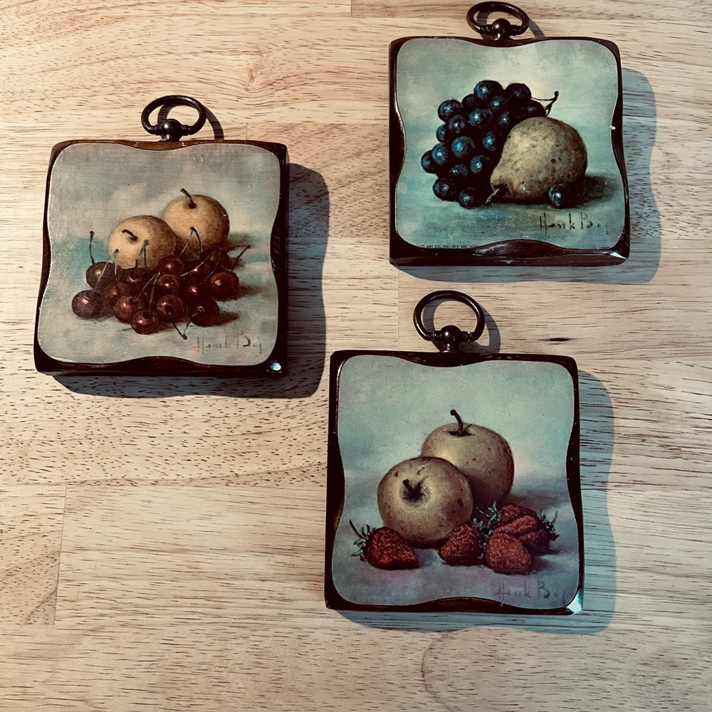 Vintage set of 3 Henk Bros wooden 1960’s wall plaques with hooks. 4” Square
